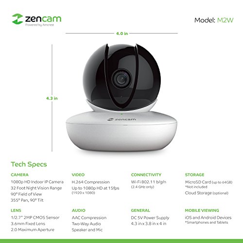 Zencam WiFi Camera, 1080p HD Indoor Pan Tilt Digital Zoom Wireless IP Security System with Night Vision, Two Way Talk, 2.4Ghz Only, MicroSD & Cloud Storage, White (M2W-V3)(Updated Firmware, 2019) | The Storepaperoomates Retail Market - Fast Affordable Shopping