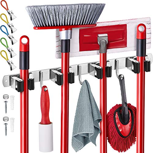 EFFEKTIVTOOLS Mop and Broom Holder Wall Mount – Self-Adhesive Stainless Steel broom hanger organizer – 4 Clamps, 3 Hooks, 5 Towel Hanging Clips Mounting Screws – Holds Up to 40 Lbs | The Storepaperoomates Retail Market - Fast Affordable Shopping