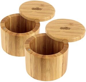 Estilo 2 pc Premium Bamboo Salt and Pepper Bowls, Wooden Spice Containers with Magnetic Swivel Lids, Perfect for Salt, Spice, Sugar, Pepper