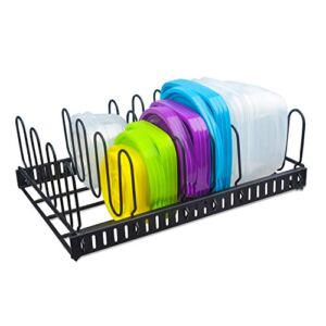 Metal Food Container Lid Organizer&Adjustable 6 Dividers Storage Container Lid Holder Rack for Cabinets, Cupboards, Pantry Shelves, Drawers to Keep Kitchen Tidy,Black(Patent Pending)
