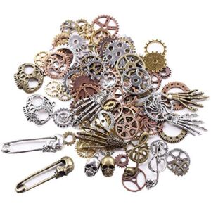 BIHRTC 140 Gram (Approx 92pcs) DIY Assorted Color Antique Metal Steampunk Watch Gear Cog Wheel Skull Musical Note Skull Hand Safety Pin Charms Pendant for Crafting, Jewelry Making Accessory