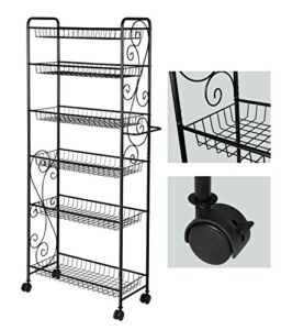 HLC 6 Tier Freestanding Metal Bathroom Kitchen Storage Shelf Rack with Wheels Black