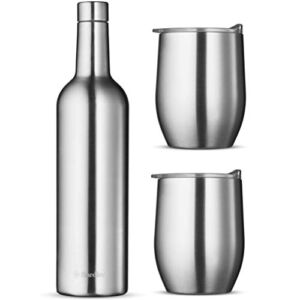 Wine Chiller Gift Set – Vacuum-Insulated Wine Bottle 750ml & Two Wine Tumbler With Lids 16oz. Made of Shatterproof 18/8 Stainless Steel & BPA-FREE Lids, Perfect Wineglasses for Travel, Picnic, Etc.