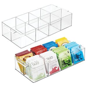 mDesign Compact Plastic Tea Storage Organizer Caddy Tote Bin – 8 Divided Sections, Built-in Handles – Holder for Tea Bags, Small Packets, Sweeteners – BPA Free, 2 Pack – Clear