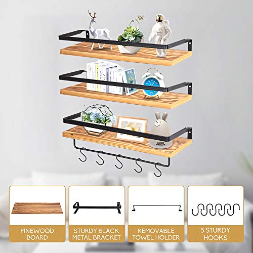 SATUBROWN Floating Shelves Wall Mounted Set of 3, Rustic Wood Wall Shelves with Towel Bar for Bathroom, Laundry Room, Hanging Shelving with Hooks for Bedroom Decor | The Storepaperoomates Retail Market - Fast Affordable Shopping
