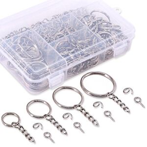 Swpeet 300Pcs Key Chain Rings Kit, 100Pcs Keychain Rings with Chain and 100Pcs Jump Ring with 100Pcs Screw Eye Pins Bulk for Jewelry Findings Making – 3/5 Inch, 4/5 Inch, 1 Inch, 6/5 Inch (Sliver)