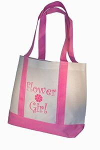 Yacanna Flower Girl Tote Bag White with Pink Straps, Large 14-inch by 11-inch