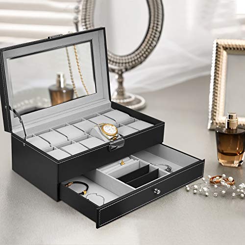 Hossejoy Leather Watch Box 12 Mens Watch Organizer with Jewelry Display Drawer Lockable Watch Case Organizer, Black | The Storepaperoomates Retail Market - Fast Affordable Shopping