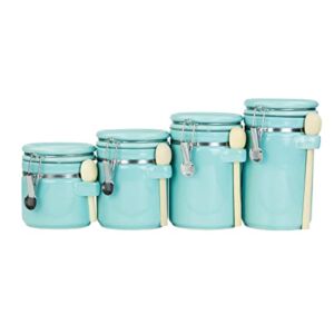 Home Basics 4 Piece Ceramic Canister Set with Wooden Spoons (Turquoise) | Airtight Seal | Flip Top Lid with Metal Latch Closure | 4 Different Sizes