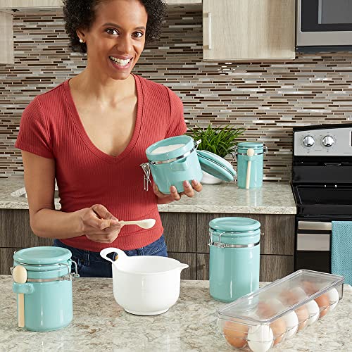 Home Basics 4 Piece Ceramic Canister Set with Wooden Spoons (Turquoise) | Airtight Seal | Flip Top Lid with Metal Latch Closure | 4 Different Sizes | The Storepaperoomates Retail Market - Fast Affordable Shopping