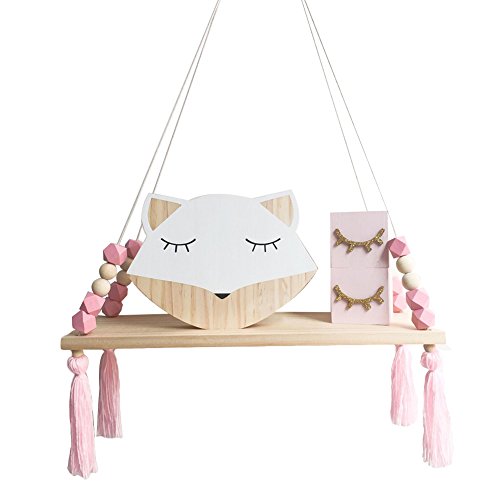Baost Nordic Hanging Swing Rope Floating Shelves with Tassel Beads, Wall Hanging Storage Board Wooden Plank Shelf Display Ornaments for Kids Room Pink | The Storepaperoomates Retail Market - Fast Affordable Shopping