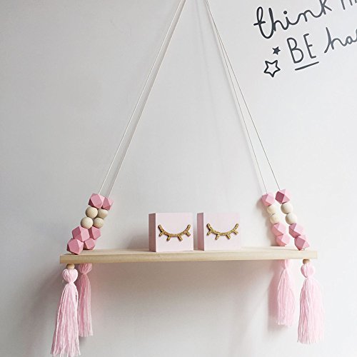 Baost Nordic Hanging Swing Rope Floating Shelves with Tassel Beads, Wall Hanging Storage Board Wooden Plank Shelf Display Ornaments for Kids Room Pink | The Storepaperoomates Retail Market - Fast Affordable Shopping