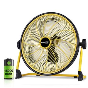 Geek Aire Rechargeable Outdoor High Velocity Floor Fan,16” Portable 15000mAh Battery Operated Fan with Metal Blade for Garage Barn Gym Camp, Run All Day Cordless Industrial Fan,USB Output for Phone