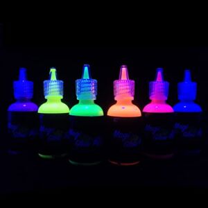 [6 Bottles, 1 oz. Each] Body Paint Glow Blacklight Reactive Neon Fluorescent Paint – Safe For Skin – Washable – Non-Toxic – Six Colors Kit