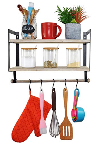 Spiretro Floating Shelves 2 Tier Wall Shelf, Spice Rack with Towel Tissue Bar, Metal Hooks Organize Mugs Utensils, Home Storage for Kitchen, Bathroom, Rustic Wood_Grey | The Storepaperoomates Retail Market - Fast Affordable Shopping