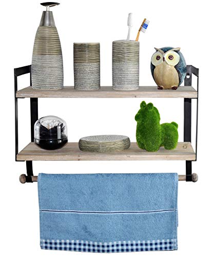 Spiretro Floating Shelves 2 Tier Wall Shelf, Spice Rack with Towel Tissue Bar, Metal Hooks Organize Mugs Utensils, Home Storage for Kitchen, Bathroom, Rustic Wood_Grey | The Storepaperoomates Retail Market - Fast Affordable Shopping