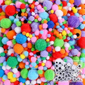Caydo 1400PCS 5 Sizes Multicolor Pom Poms Assorted Pompoms Balls with 4 Sizes Wiggle Eyes for Kids Creative DIY, Crafts Projects Making and Christmas Decorations