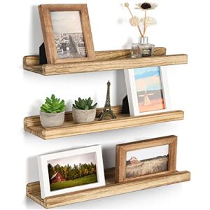 Emfogo Wall Shelves with Ledge 16.9 inch Wood Picture Shelf Rustic Floating Shelves Set of 3 for Storage and Display Rustic Brown