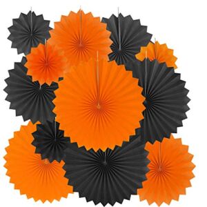 Black Orange Party Hanging Paper Fans Decorations – Halloween Birthday Baby Shower Graduation Wedding Carnival Party Ceiling Hangings Photo Booth Backdrops Decorations, 12pc