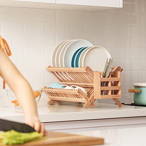 HBlife Dish Rack,Bamboo Folding 2-Tier Collapsible Drainer Dish Drying Rack with Utensils Flatware Holder Set (Dish Rack with Utensil Holder) | The Storepaperoomates Retail Market - Fast Affordable Shopping