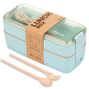 The All-in-one Lunch Bento Box -Two Stackable Meal Prep Kids Bento Box- Dishwasher Safe,Utensils,Dividers-Food Storage Containers