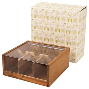 Acacia Wood Tea Bag Organizer Storage, Gift Box 6 Compartments Tea Chest Box with Acrylic Transparent Hinged Lid By HTB