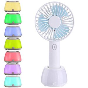 Small Handheld Fan, Mini Portable USB Fan Rechargeable Battery Powered Fan with Multi-color LED Light Base Fan Non Slip Imitated Leather Handle for Home Party Office Bedroom and Outdoor Travel 2000mAh