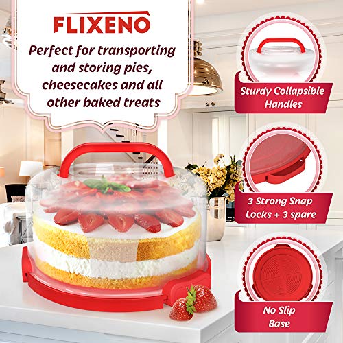 Flixeno Sturdy Red Round Cake Carrier Holder Up to 10 inch Multi Purpose Cover Five Section Serving Tray Keeper for Easily Hold & Transport Cakes Pies & Cupcakes with Collapsible Handles + 3 Extra Clips | The Storepaperoomates Retail Market - Fast Affordable Shopping