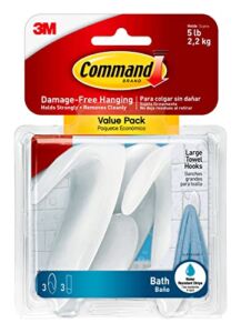 Command BATH17-3ES Organize Damage-Free Bath Towel Hook Value Pack, Large, White, 3 Count