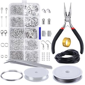 PP OPOUNT Jewelry Findings Set Jewelry Making Kit Jewelry Findings Starter Kit Jewelry Beading Making and Repair Tools Kit Pliers Silver Beads Wire Starter Tool
