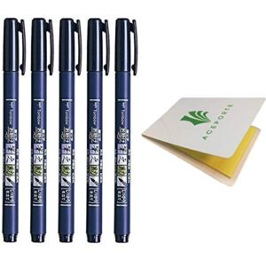 Tombow Fudenosuke Fude Brush Pen Hard (GCD-111) x5 Set, with Original Sticky Notes – Great for Calligraphy, Art Drawings, Illustration, Manga