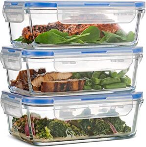 Superior Glass Meal-Prep Containers – 3-pack (28oz) BPA-free Airtight Food-Storage Containers with 100% Leakproof Locking Lids, Freezer to Oven Safe Great On-The-Go Portion-Control Lunch Containers