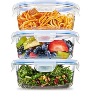 Superior Glass Meal-Prep Pasta Containers – 3-pack (32oz) Newly Innovated Hinged BPA-Free Locking Lids – 100% Leakproof Glass Food-Storage Containers, Great On-the-Go, Freezer-to-Oven Safe Containers