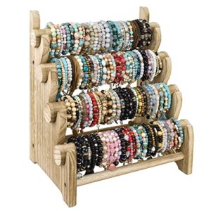 Ikee Design Antique Wooden 4 Tier Jewelry Bracelet Display Stand Bangle Scrunchie Organizer Holder for Store, Showcase and Home Storage, 12″ W x 9″ D x 14″ H, Oak Color