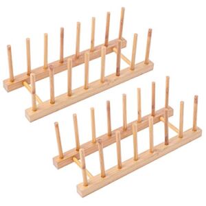 2Pack Bamboo Wooden Dish Rack, Plate Rack Stand Pot Lid Holder, Kitchen Cabinet Organizer for Cup, Cutting Board, Bowl, Drying Rack and More