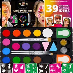 Zenovika Face Paint Kit for Kids – 60 Jumbo Stencils, 15 Large Water Based Paints, 2 Glitters – Halloween Makeup Kit, Professional Face Paint Palette, Safe for Sensitive Skin, Face Painting Book