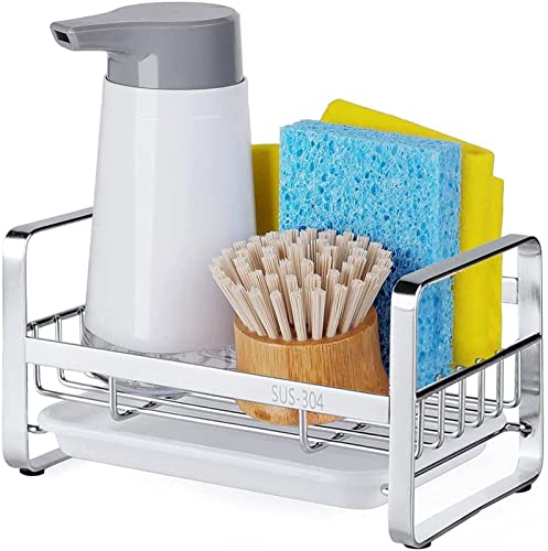 HULISEN Kitchen Sink Sponge Holder, 304 Stainless Steel Kitchen Soap Dispenser Caddy Organizer, Countertop Soap Dish Rack Drainer with Removable Drain Tray, not Including Dispenser and Brush | The Storepaperoomates Retail Market - Fast Affordable Shopping