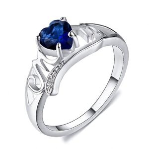 PR Jewelry Blue Sapphire CZ Heart Cut Mom Ring White Gold Carving MOM Hollow (7)
