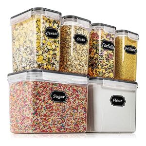 Airtight Food Storage Containers – Wildone Cereal & Dry Food Storage Container Set of 6(Black Lid), Leak-proof & BPA Free, With 1 Measuring Cup & 20 Chalkboard Labels & 1 Chalk Marker