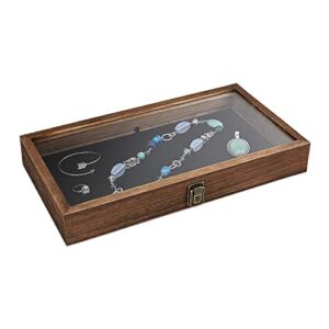 MOOCA Wooden Jewelry display case with Tempered Glass Top Lid, Brown Color