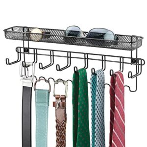 mDesign Steel Wall Mount Organizer Hanger Rack Holder with 8 Hooks and Storage Basket for Bedroom, Hall, or Coat Closet – Holds Belts, Ties, Watches, Sunglasses, Wallets – Concerto Collection – Black