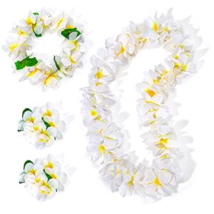 LovesTown 4 PCS Hawaiian Lei Set, White Luau Wreath Garland Hawaii Leis Flower Headpiece Necklace Bracelet Birthday Holiday Party Favor