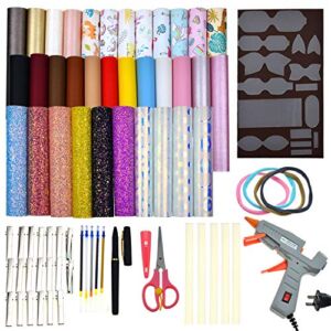 Faux Leather Bow Template Making Kit Include 5 Kinds of Faux Leather Sheets,Hair Clips,Scissor,Bow Template,Hot Melt Glue Gun with Glue Stick, Hair Ties, Water-Soluble Pens, Perfect for DIY Starter