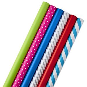 Hallmark Wrapping Paper Bundle with Cutlines on Reverse (6 Rolls: 180 sq. ft. total) Solids, Polka Dots & Stripes, Pink, Blue, Silver for Birthdays, Easter, Mothers Day, Weddings, Baby Showers