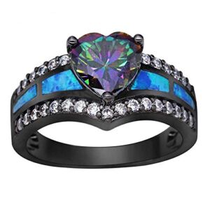 K Jewelry Mystic Rainbow Topaz Blue Fire Opal Heart Ring Black Gold Wedding Band (7)