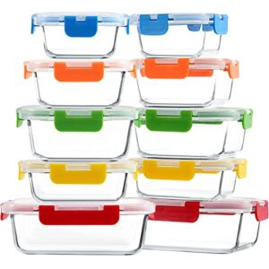 20 Pieces Glass Food Storage Container with Lids, Airtight Glass Lunch Containers,No Leaking Glass Meal Prep Container,Microwave, Oven, Freezer and Dishwasher Friendly