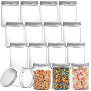 Tebery 16 Pack Clear Plastic Jars Bottles Containers with Silver Ribbed Lids 20oz Straight Cylinders Storage Canisters for Food & Home Storage