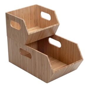 Bamboo Storage Bins for Pantry & Kitchen Cabinet Organizer Multi-Purpose 2 PC Stackable Set for Canned Goods, Vegetables, Pouches, Boxed Meals & more