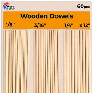 Wooden Dowel Rods for Craft – 60 pcs Round Wood Dowels 12 inch in Varying Sizes – 1/8, 3/16, 1/4 – Different Rods – Craft Sticks Round Dowels