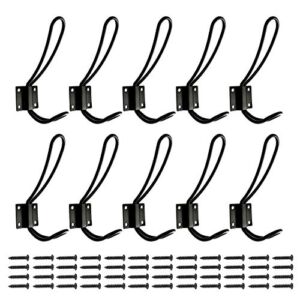 Rustic Entryway Hooks | 10 Pack of Black Wall Mounted Vintage Double Coat Hangers with Large Metal Screws Included